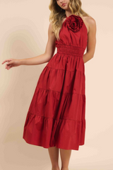 Poppy Red Brielle Tired Halter Dress with Flower Detail