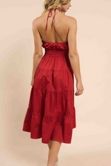 Poppy Red Brielle Tired Halter Dress with Flower Detail