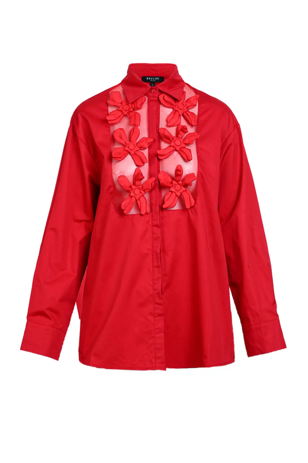 Red Flower Applique Button Front Long Sleeve Top