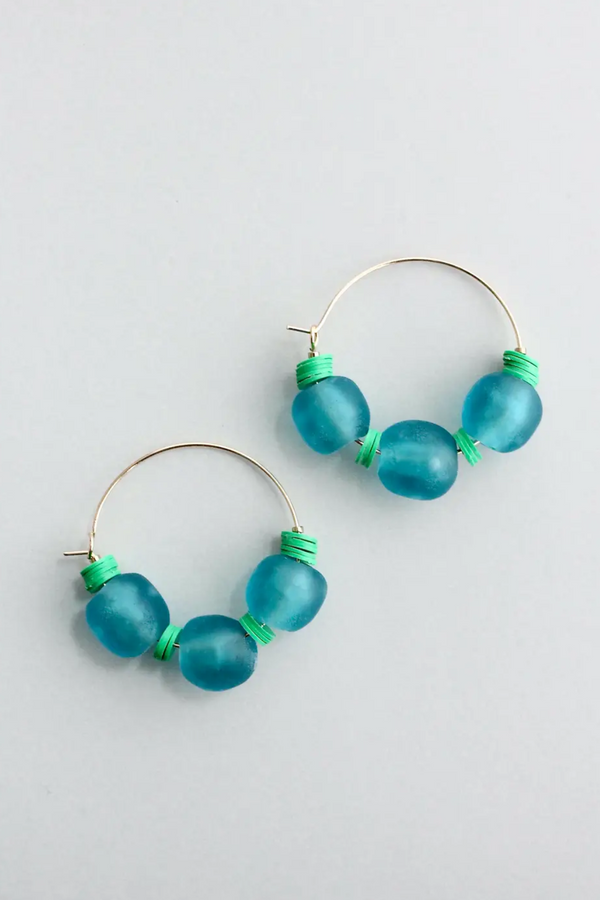 Kelly Green and Aqua Ghana Glass Hoop Earrings