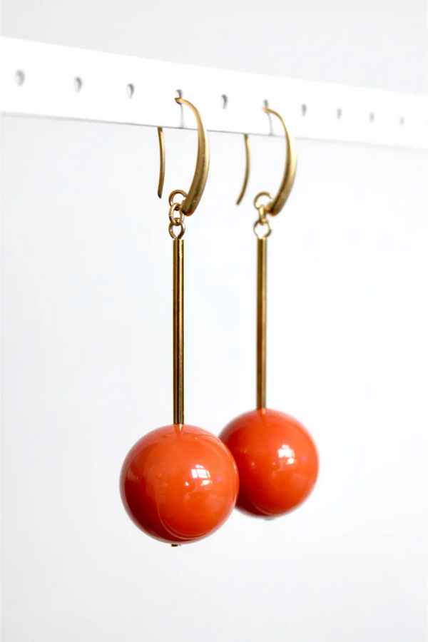 Orange Ball and Brass Earrings