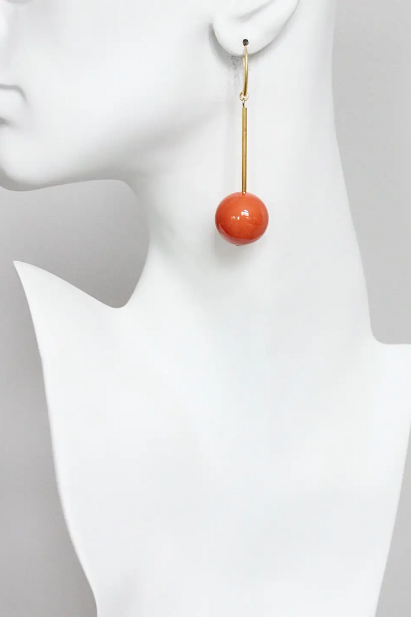 Orange Ball and Brass Earrings