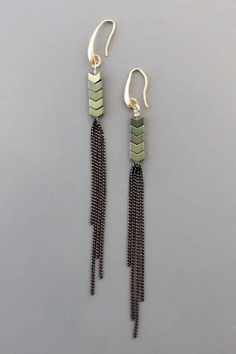 Green Hematite & Chain Fringe Should Duster Earrings