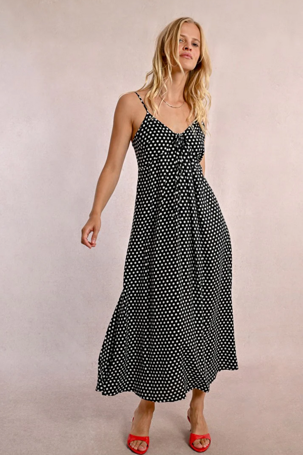 Black and White Polka Dot Spaghetti Strap Tie Back Dress