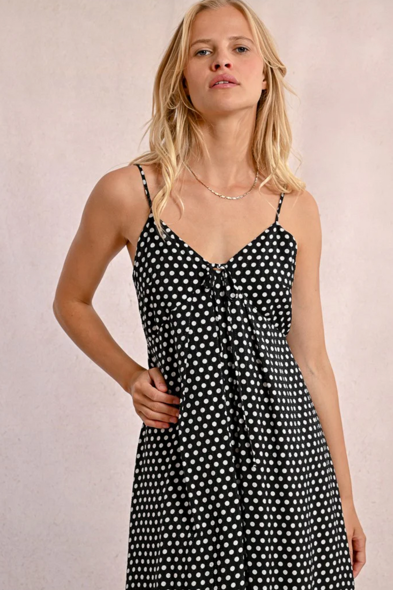 Black and White Polka Dot Spaghetti Strap Tie Back Dress