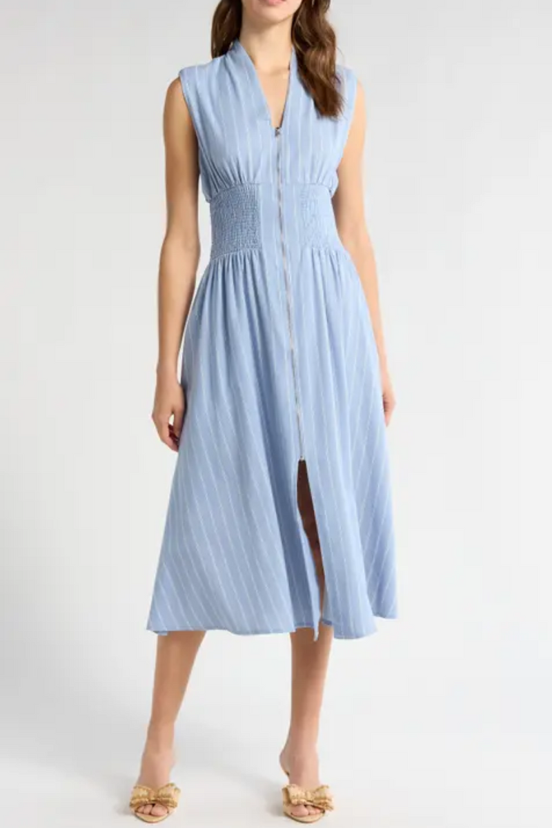 Blue with White Stripes Smocked Waist Maxi Dress