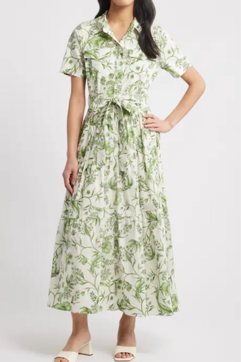 Green and Natural Floral Tired Cotton Shirt Dress