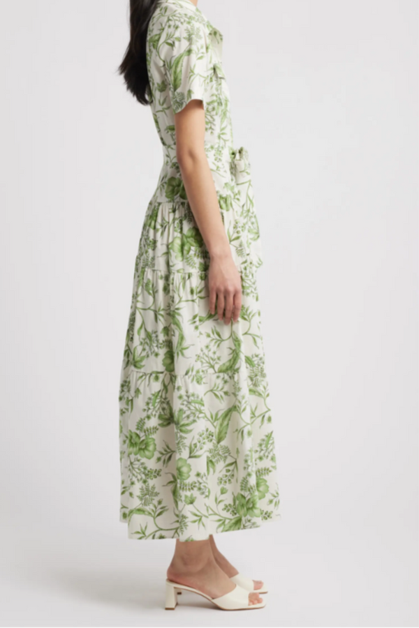 Green and Natural Floral Tired Cotton Shirt Dress