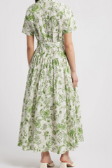 Green and Natural Floral Tired Cotton Shirt Dress