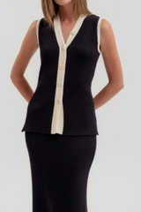 Black Knit Vest with Ivory Piping