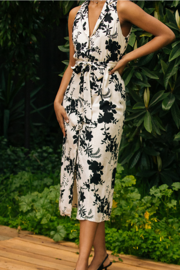 Ivory/Black Jacquard Print Sleeveless Midi Dress