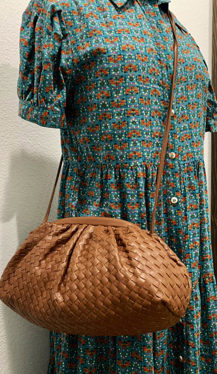 Brown or Nude Woven Frame Crossbody Bag