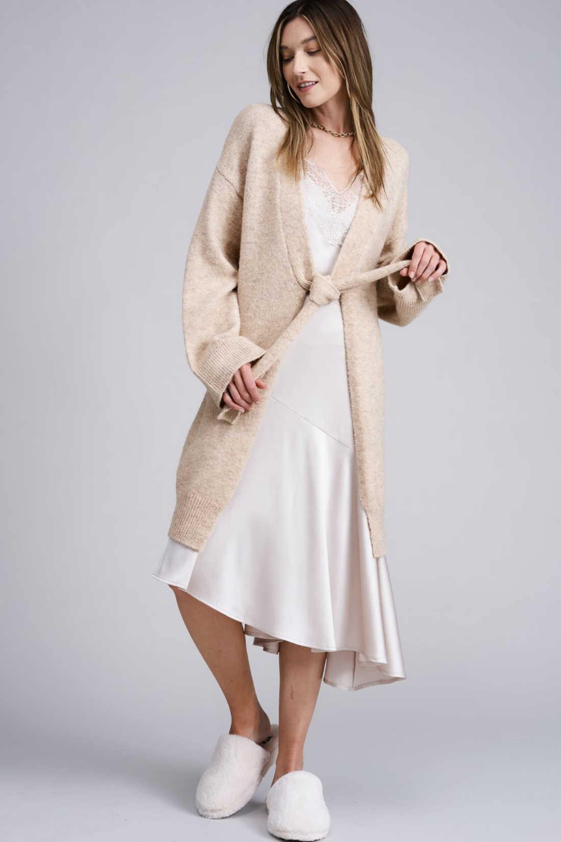 Demian Beige Tie Front Cardigan