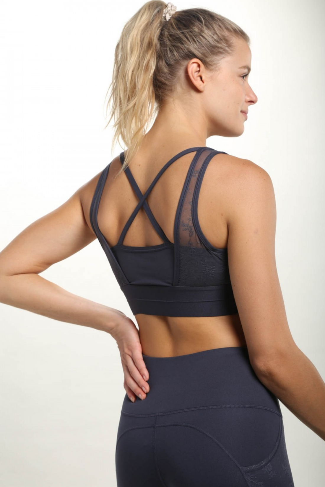 Grey/blue Floral Lace Mesh X Back Sports Bra