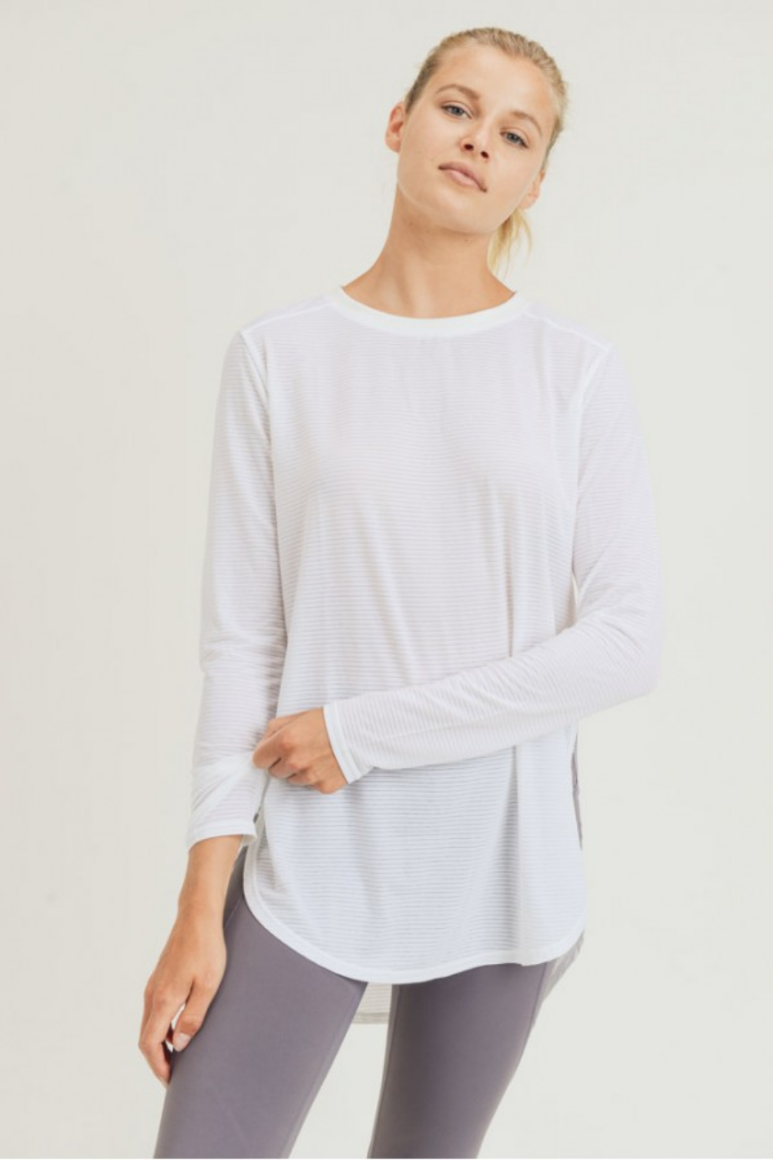 White Ribbed Mesh Long Sleeve Flow Top with Side Slits