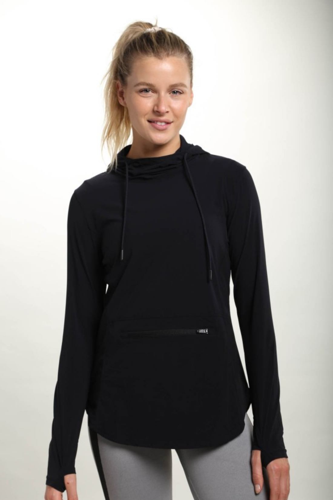 Black Long Sleeve Hoodie Pullover with Thumb Holes