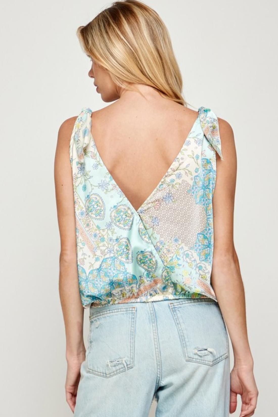 Blue Floral V-neck Sleeveless Top