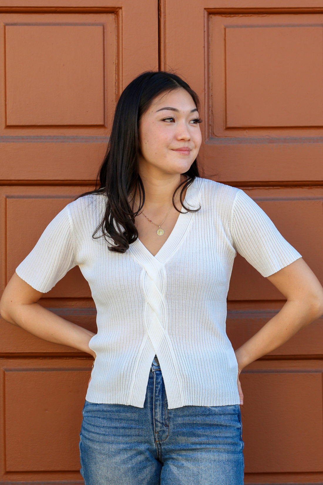 White Swift Stroll Twist Front Knit Top