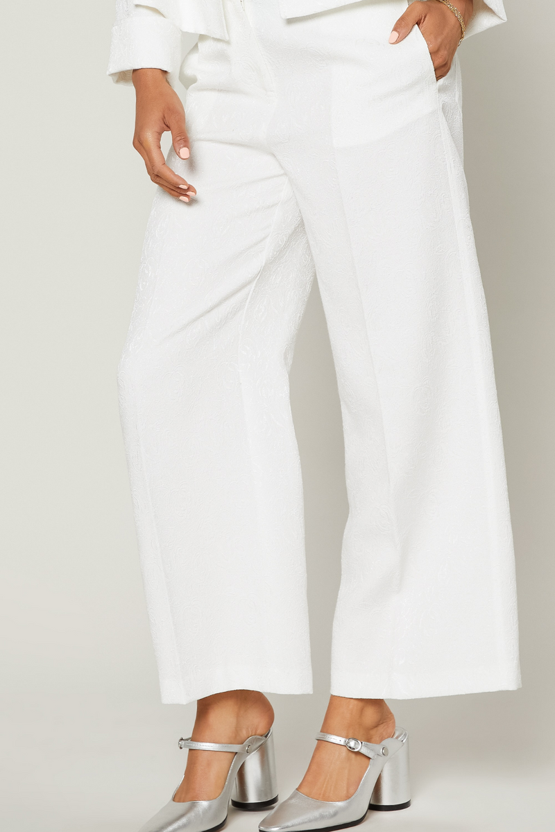 Off White Floral Jacquard High Waist White Leg Pant