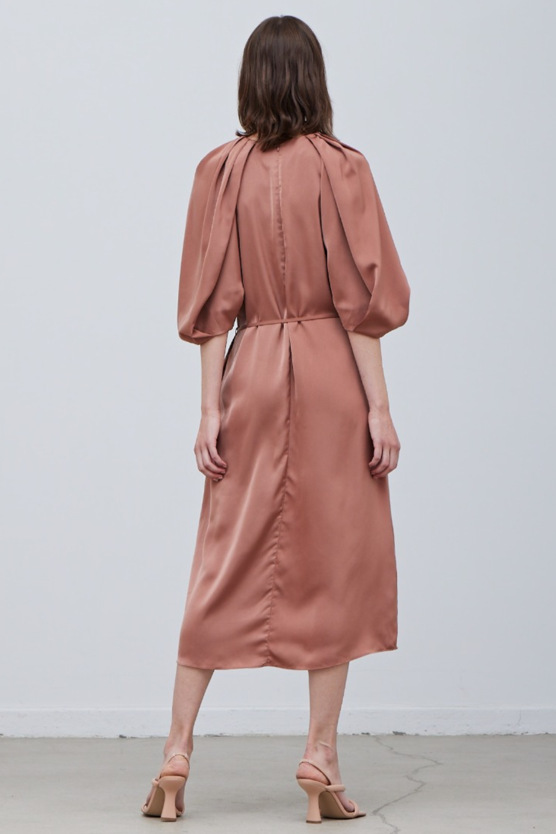 Rose Tan Blossom Sleeve Satin Dress