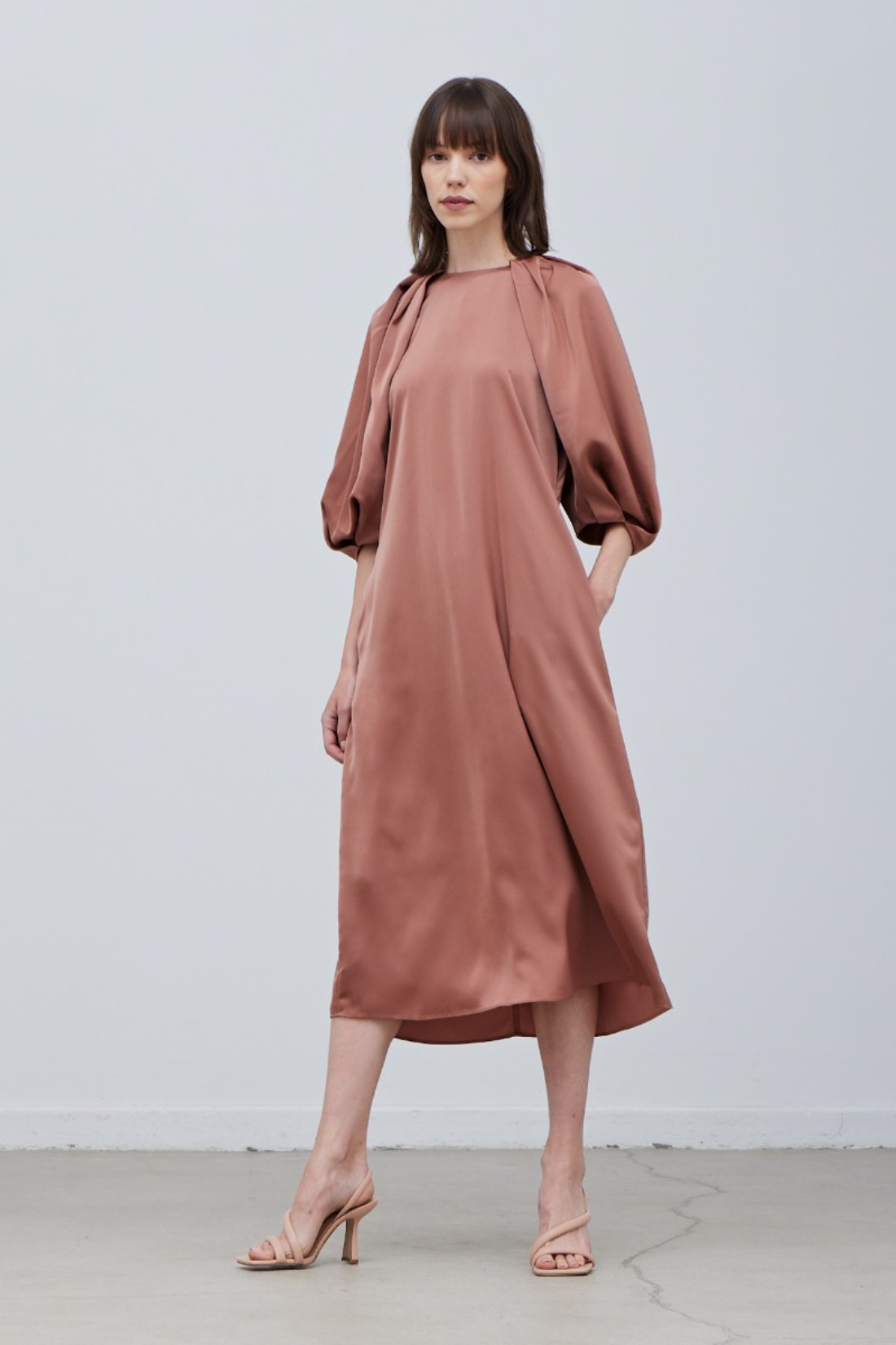 Rose Tan Blossom Sleeve Satin Dress