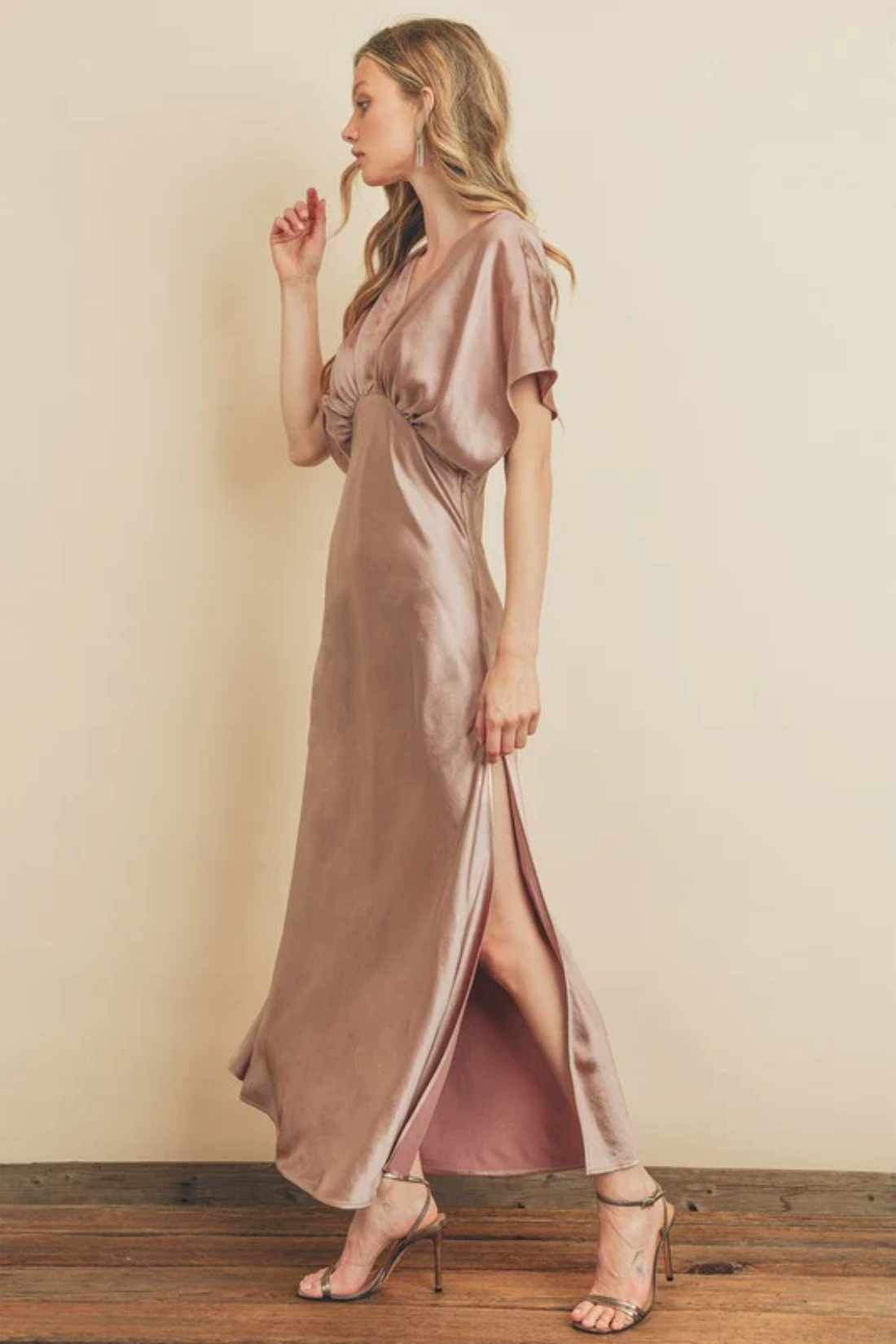 Mauve Satin Blouson Maxi Short Sleeve Dress