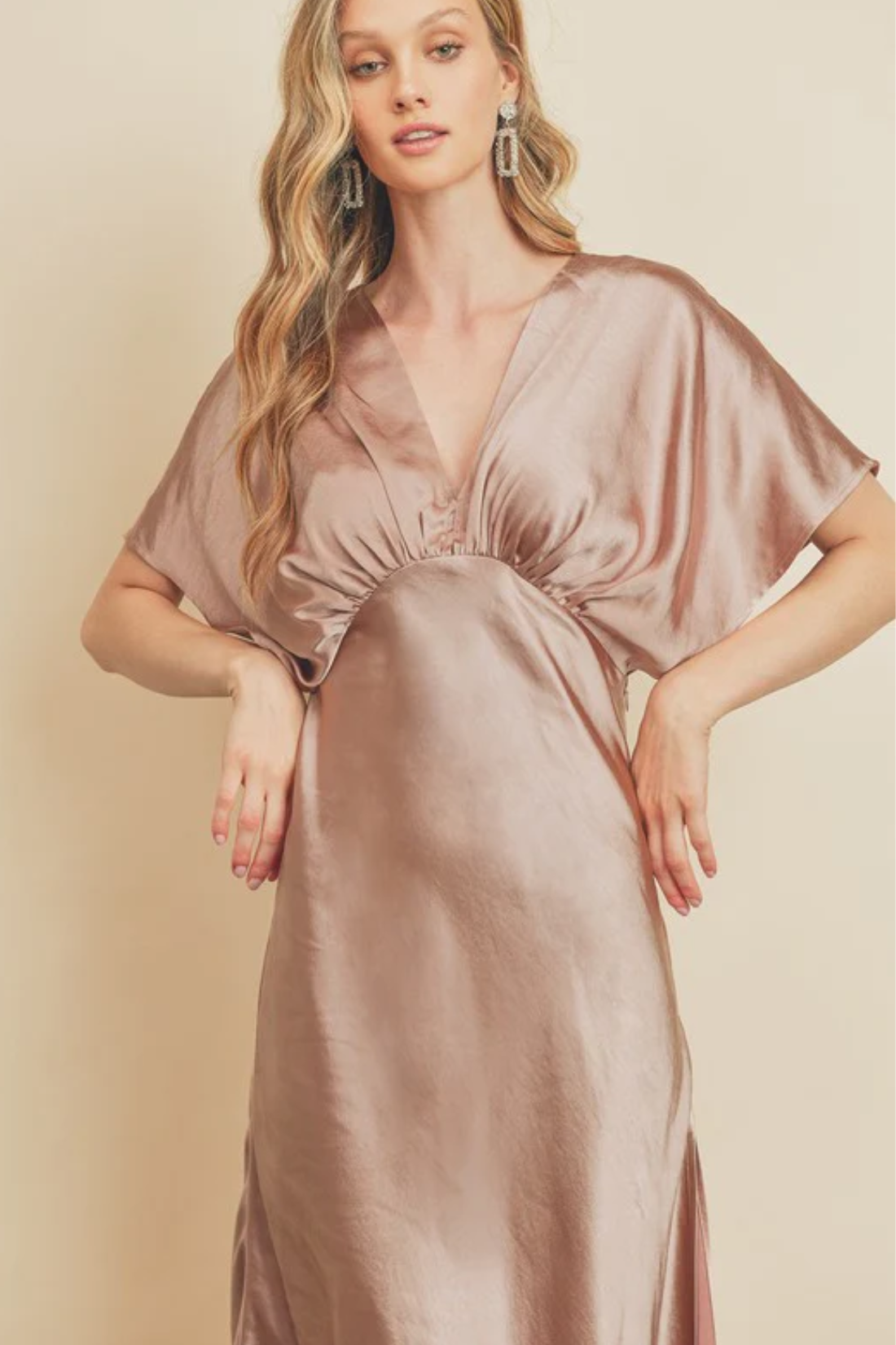 Mauve Satin Blouson Maxi Short Sleeve Dress